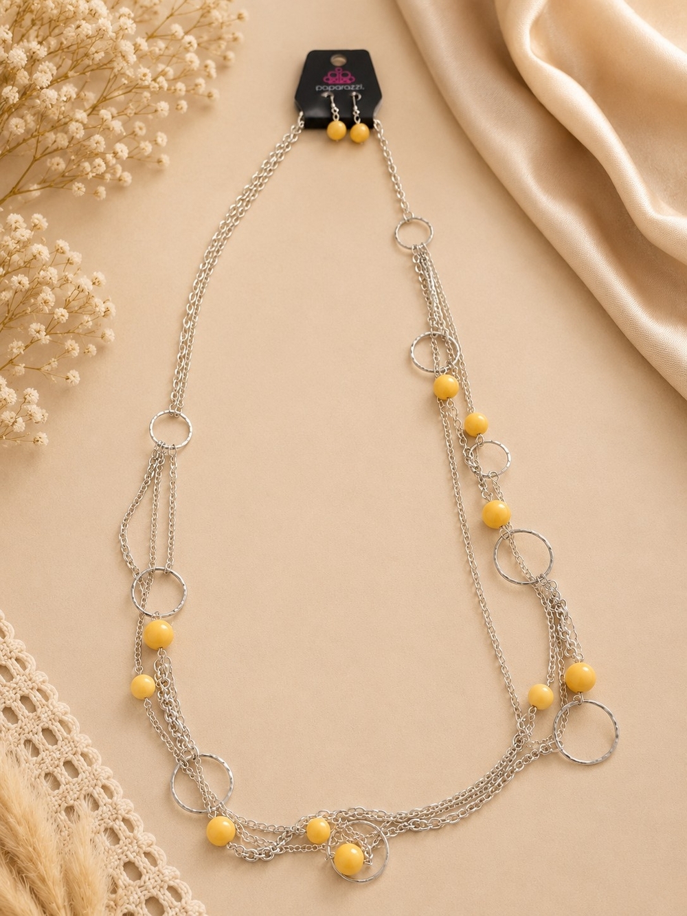 paparazzi Silver-Tone Layered Necklace with Yellow Beads